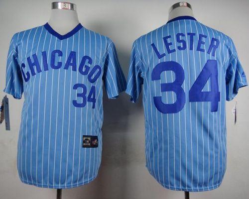 Cubs #34 Jon Lester Blue(White Strip) Cooperstown Throwback Stitched MLB Jersey - Click Image to Close